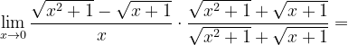 \dpi{120} \lim_{x\rightarrow 0}\frac{\sqrt{x^{2}+1}-\sqrt{x+1}}{x}\cdot \frac{\sqrt{x^{2}+1}+\sqrt{x+1}}{\sqrt{x^{2}+1}+\sqrt{x+1}}=